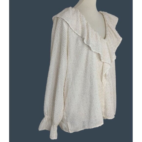 LOFT Top Blouse XL Ivory Gold Shimmer Ruffle V Neck Metallic Long Sleeve - Picture 6 of 8